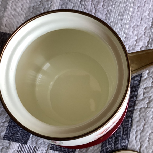 VINTAGE ‘CHEF MATES’ ENAMELED FONDUE SET WITH SOLID BRASS HANDLE & KNOB - Picture 8 of 15